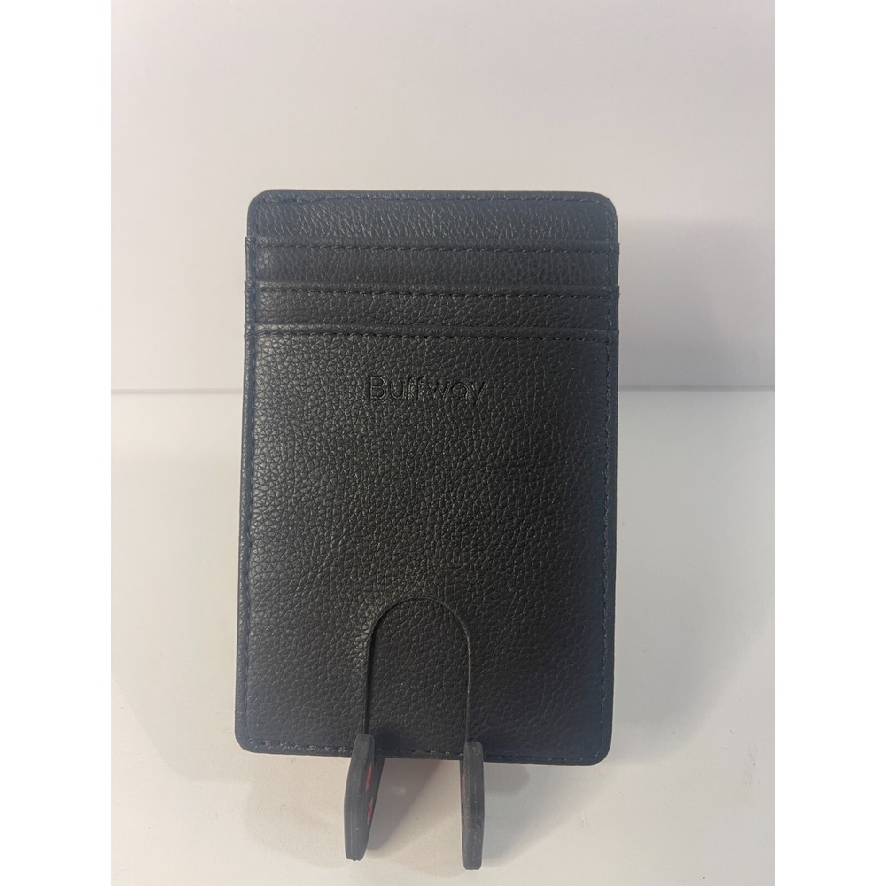 Buffway Slim Minimalist Leather Wallet Card Holder Black Pebbled